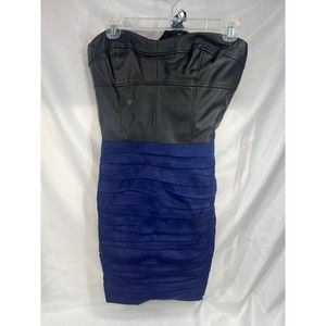 Express Sz 12 Blue & Black Mini Dress Club Evening Pleather Ruched Strapless